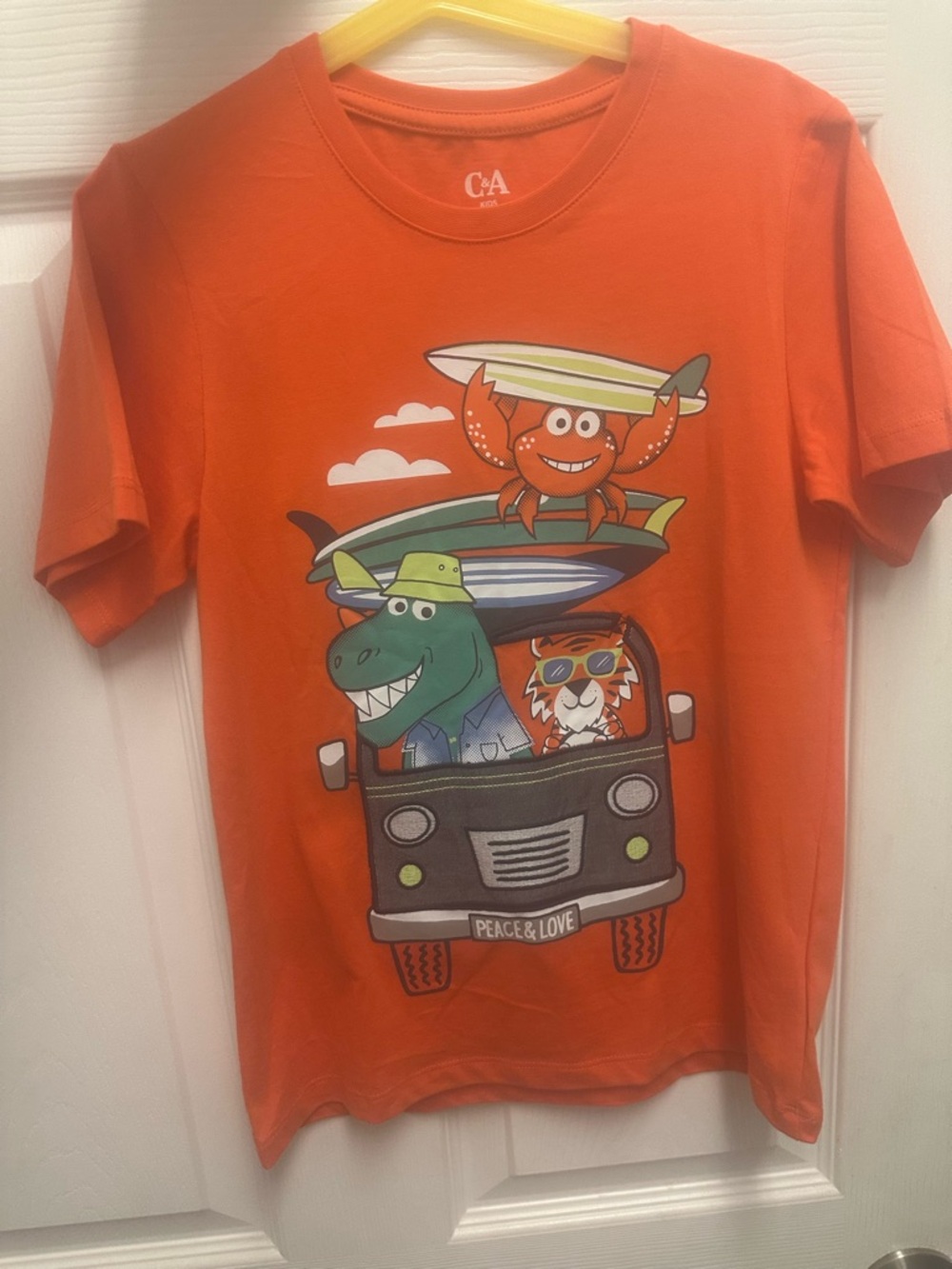 Kids Orange Short Sleeve Tee with Surfing Animal Crew